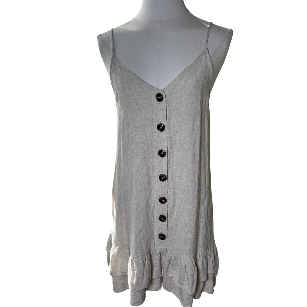 Blue Rain Francesca's Linen Blend Mini Dress Small Beige Button Front Ruffle Hem